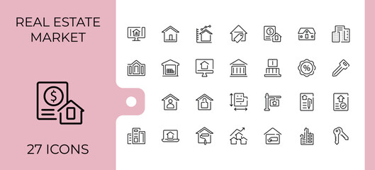 Real Estate icon set. Pack of building, home, apartment, construction, estate and more. Expanded stroke. Property modern icon. Editable vector art and illustration.