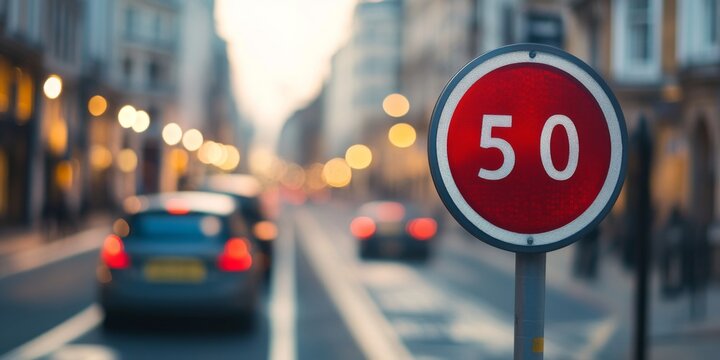A city street showing a prominent speed limit sign. The sign indicates 50 km/h. Blurred cars pass by as daylight fades. This image captures urban driving regulations. AI