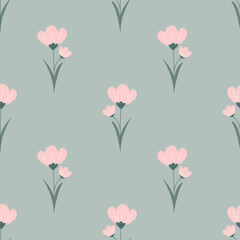 Seamless floral pattern with delicate pink flowers on green background. Simple floral background in pastel colors, wallpaper