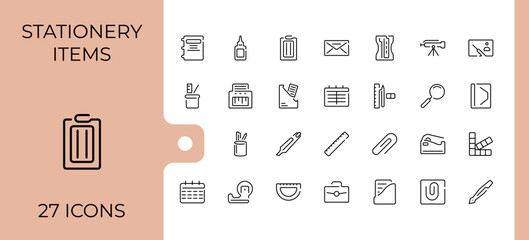 Stationery icon set. Containing stationary, pencil, office document, equipment, paper and more. Sign and Symbol. Education linear icon collection. Editable vector illustration.