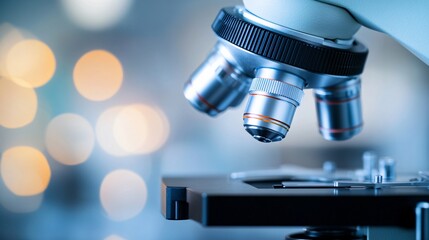Fototapeta premium Advanced microscope on lab table, professional equipment in a scientific research environment, focus on innovation and discovery.