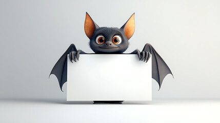 Cute cartoon bat character holding a blank sign, set against a minimalistic background