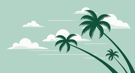 Fototapeta premium Minimalist vector art of bending palm trees with clouds on a soft green background.
