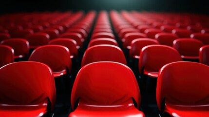 Fototapeta premium A striking view of numerous red seats lining a darkened venue, creating an intriguing visual that invites exploration into the empty space and its potential energy.