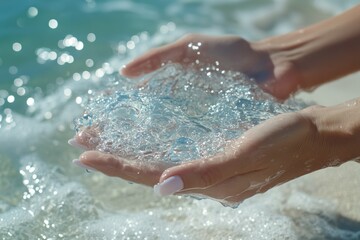 Fototapeta premium Woman's hands gently cupping ocean water, showcasing its bubbly texture and refreshing essence.