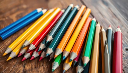 Fototapeta premium A vibrant collection of sharpened colored pencils arranged on a rustic brown wood surface, wooden pencils, artistic