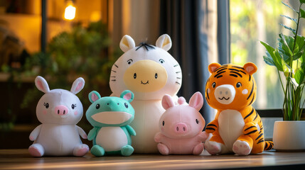 Obraz premium Plush toys, funny soft frog, horse, tiger with bunny and pig. Cute animals, stuffed dolls for child playing, furry creatures with kawai face and big eyes, isolated Cartoon vector illustration, set
