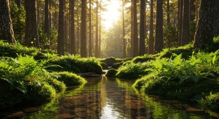 Obraz premium Sunlight streams through tall trees illuminating a forest stream with lush green vegetation