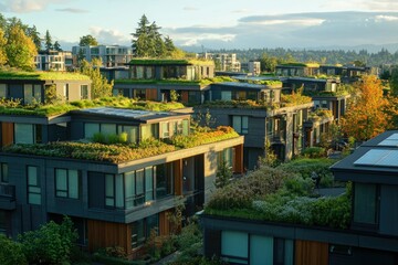 Fototapeta premium Modern sustainable housing development with green roofs and solar panels, showcasing eco-friendly architecture.