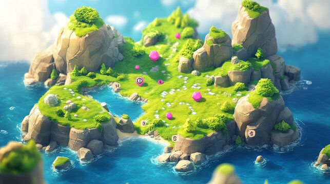 Game level map with green islands in sea and icons with numbers. Top view of blue water and islands with grass, stones and pink gems, vector cartoon illustration for mobile game background