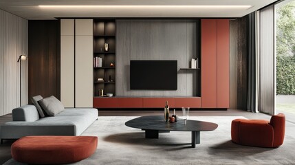 Modern living room interior design, TV wall unit, relaxation