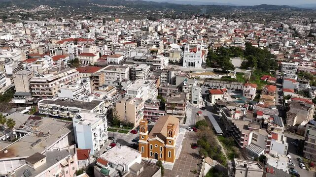 Aerial view of Ekklisia Agia Kiriaki church near the main square of Pyrgos, Elis, peloponnese Greece