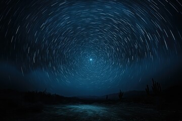 Star trails create a mesmerizing circular pattern in the night sky above a desert landscape.