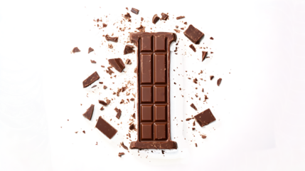 A chocolate bar with the number 1 on it. The chocolate bar is broken into pieces and scattered on a white background