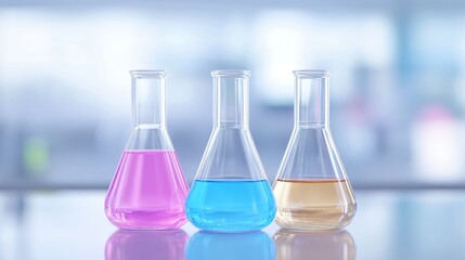 Colorful lab glassware with pink, blue, and orange liquids, scientific experimentation theme, vibrant atmosphere for research.