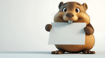 Cartoon beaver holding a blank sign, smiling, against a simple light background, suitable for advertising
