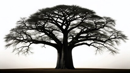 Majestic African Baobab Tree Silhouette - Black & White Stock Photo