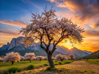 Fototapeta premium Majestic Almond Tree Silhouetted Against Puigcampana Mountain at Sunset