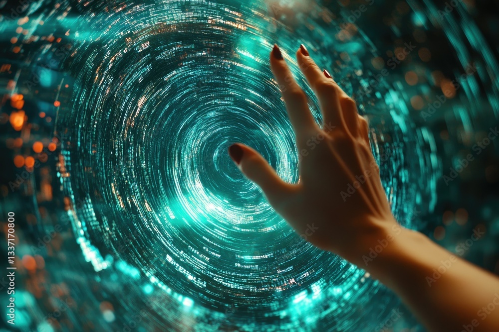 Poster a hand reaches into a swirling vortex of teal data, representing digital interaction and technologic