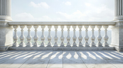 White marble balustrade on balcony, porch or terrace with tiled floor. Stone handrail in classic roman style isolated on transparent background. Vector realistic mockup with baroque railing