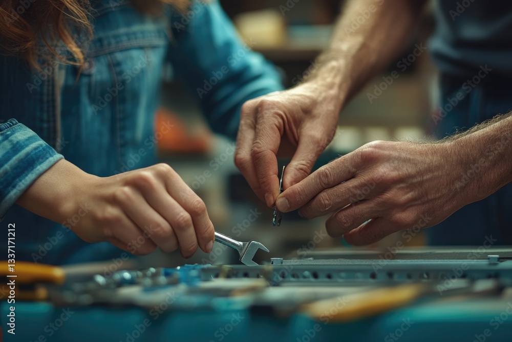 Poster a woman and a man collaborate using tools on a metallic surface, showcasing teamwork and precision i