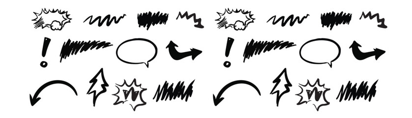 Set of black hand drawn anime manga doodle this collection features a variety of black, hand drawn elements inspired by anime and manga art styles. Included are curved grunge lines, charcoal and chalk