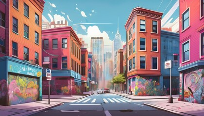 Obraz premium Comic cartoon urban street scene with diverse architectural styles