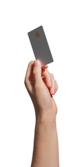 A young woman holding a blank credit or debit card in a horizontal position. Concept of cashless payment with space for name and ID, chip included. Sunlight casting shadows on the card, isolated on a.