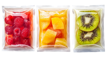 three vacuum-sealed packs of fresh assorted fruits in transparent packaging isolated png transparent cutout