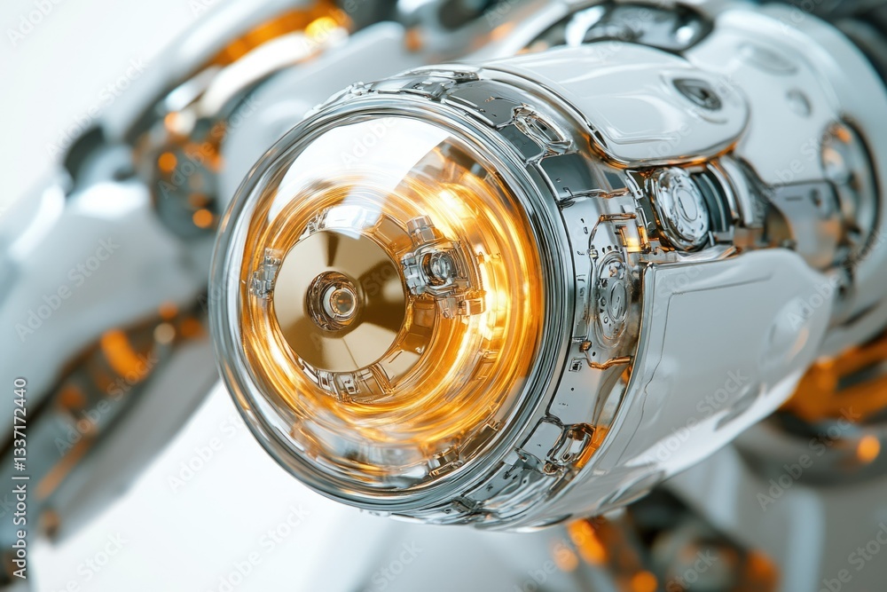 Poster close-up of a futuristic robotic arm with glowing internal mechanisms, showcasing intricate design a