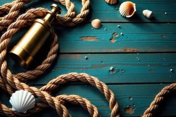 Fototapeta premium Aged nautical rope, weathered driftwood, antique brass spyglass, seashells , close-up, net