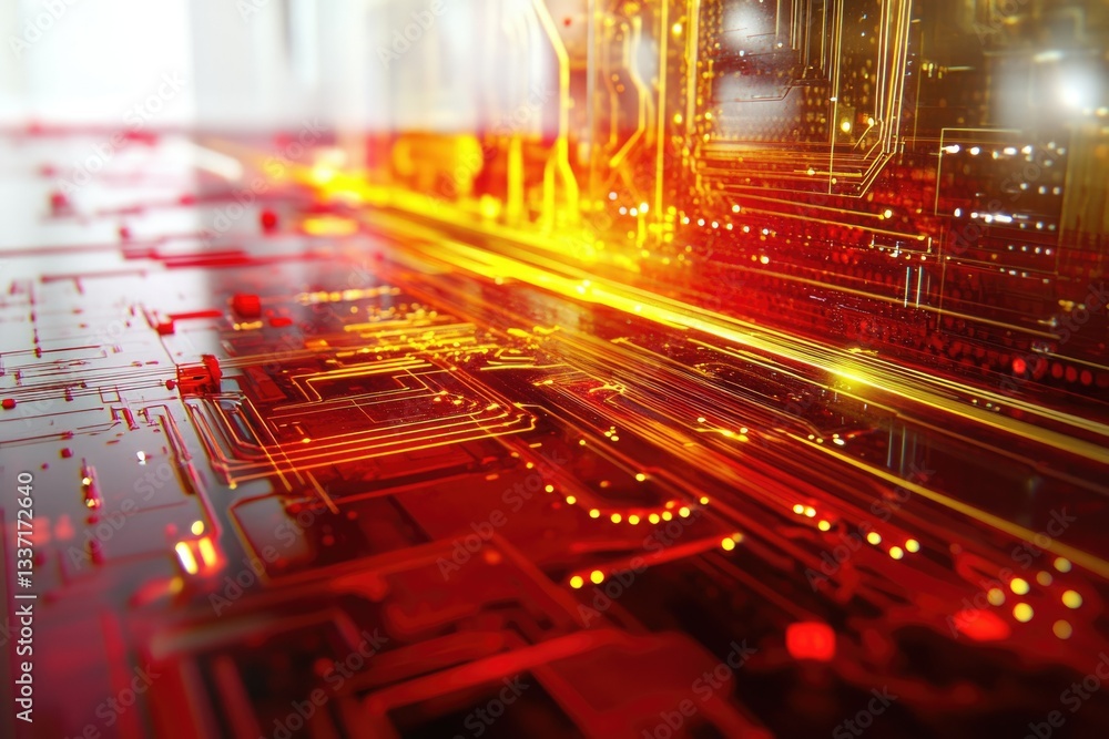 Poster abstract digital circuit board with glowing red and orange lines, representing data flow and technol