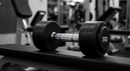 Black Dumbbell Resting on Weight Bench in a Gym Setting
