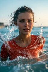 Obraz premium Happy stress-free holiday getaway conceptual art. Bright Ñommercial style. Attractive and hot happy middle eastern young woman in red tight t-shirt enjoying turquoise sea, splashes around he.