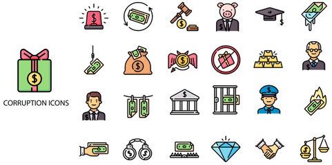 Corruption simple concept 24 color icons set. Contains such Bribery, Extortion, Dishonesty, Fraud, Money, Prison, Authority, Government. .Vector illustration.