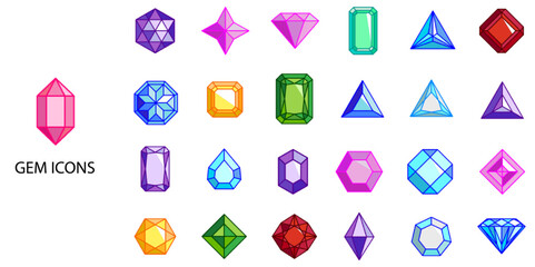 Gem simple concept 24 color icons set. Contains such bright, brilliant, carat, collection, crystal .Vector illustration.