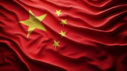 Waving Chinese flag with detailed texture and deep red hues, symbolizing patriotism, history, and government representation, ideal for official materials, digital book illustration