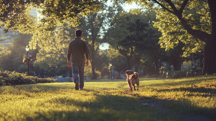 Fototapeta premium Pet service banner with man walk with dog in park. Vector landing page of professional service for training, walking and daycare of domestic animals with flat illustration of worker with puppy