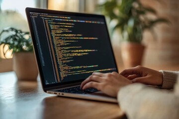 Person coding on a laptop, lines of code fill the screen, showcasing software development.