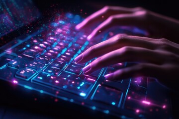 Glowing keyboard with hands typing, digital data streams, futuristic technology concept.