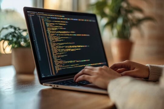 Person coding on a laptop, lines of code fill the screen, showcasing software development.