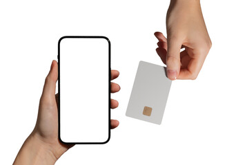 A young woman holding smartphone in hand with credit card for online payment. Secure digital...