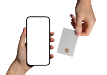 A young woman holding smartphone in hand with credit card for online payment. Secure digital transaction with application, wallet, and bank details. Closeup of mobile gadget, tech, and commerce..