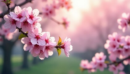 Obraz premium Delicate pink cherry blossoms frame a spring scene , cherry, art background, romantic