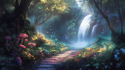 Obraz premium A serene path through a lush forest, leading to a cascading waterfall, surrounded by vibrant flora and fungal growth. Fungal Currents. Illustration
