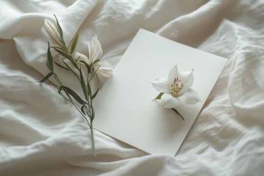 White Flowers and Blank Card on Linen