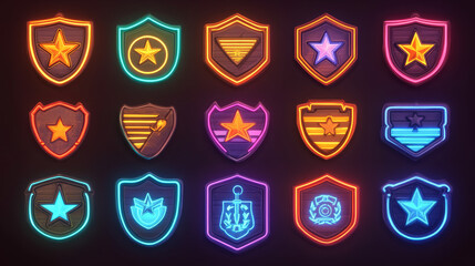 Metal military badges for war game interface. Military icons, set of army rank insignia with stars, chevrons and red pennants in neon light, vector cartoon illustration