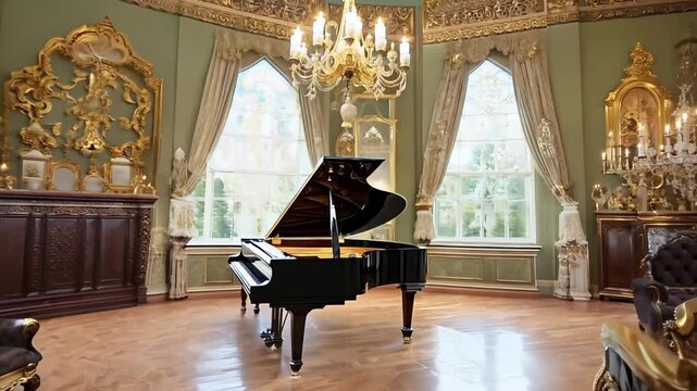 Elegant grand piano in luxurious baroque music room with ornate decor. concept of classical music, luxury interior, artistic ambiance