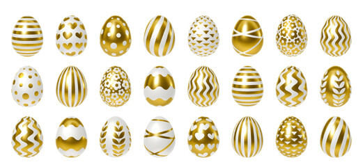 Set of 3D realistic golden Easter eggs with various patterns isolated on white background. Vector collection for greeting card, banner, invitation, flyer, poster, web and Easter design