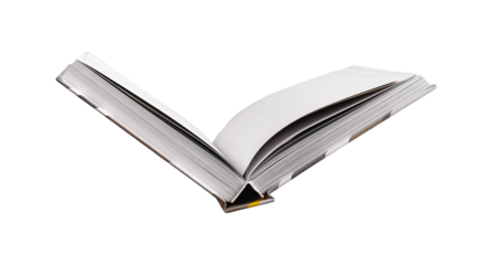 An open hardcover book with pages in mid-flip, symbolizing knowledge, reading, and learning. Minimalist design, history, and education concept. Book positioned on white background, isolated..